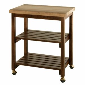 M090333 Microwave Serving Cart w slatted shelves,with Butcher Block Top,brown maple