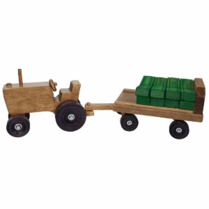 W222135 Wooden Toy Tractor and Wagon with hay bakes